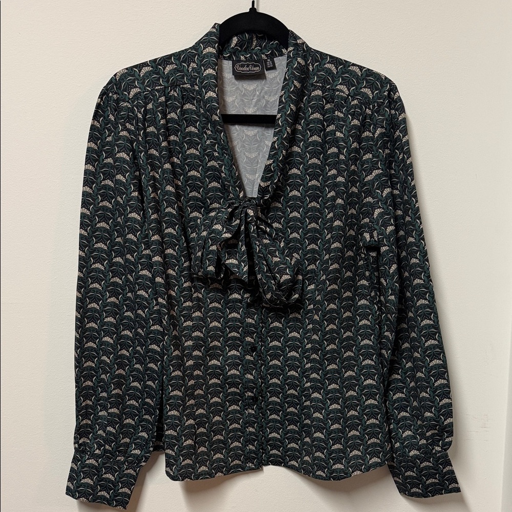Voodoo Vixen Green, Black and Gray Patterned Blouse with Bow